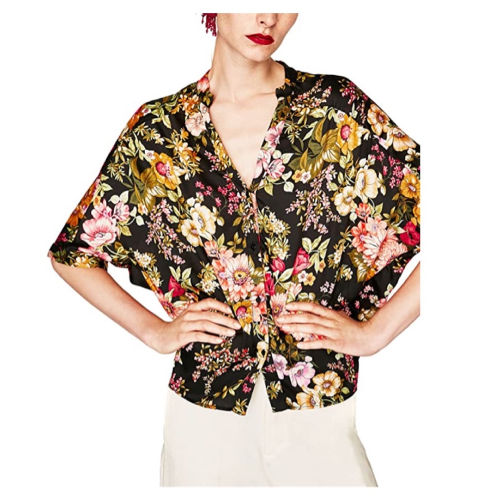 Zara Basic Collection Floral Oriental Silky Button Down Popover Blouse Small